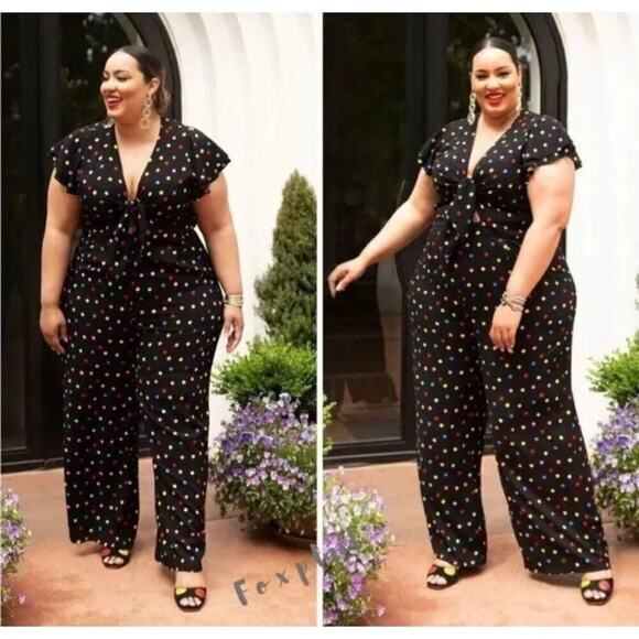 Eloquii Pants - Eloquii Womens Flounce Sleeve Keyhole V Neck Rainbow Polka Dot Jumpsuit NWT18W